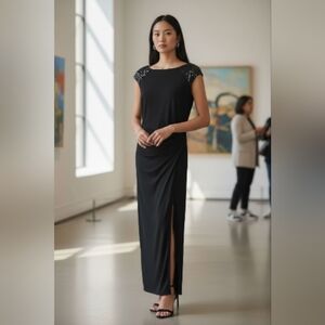 Lauren Ralph Lauren Sequins Cap Sleeve Elegant Black Maxi Dress Gown Sz 4